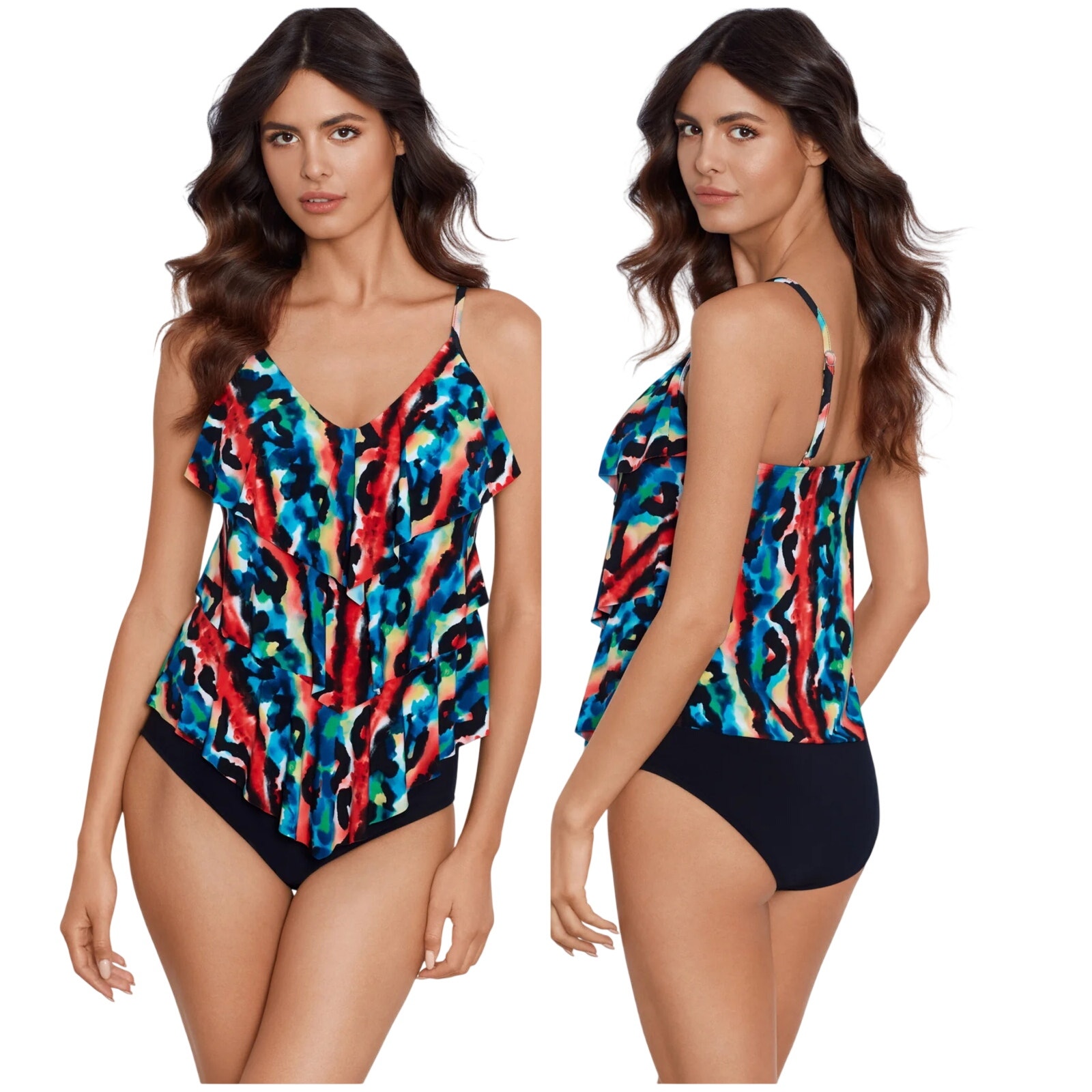 Magicsuit Nwt Rita Tankini Top Tribe Vibe Sz 10 Tiered Ruffle V-Neck Adjustable